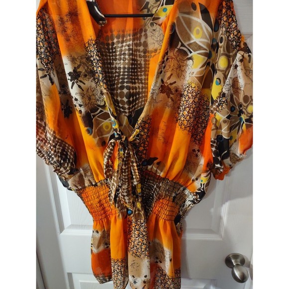 Erica Brooke Collection Top Super Plus Size 32 Orange Multicolor Elastic Waist - Picture 3 of 8